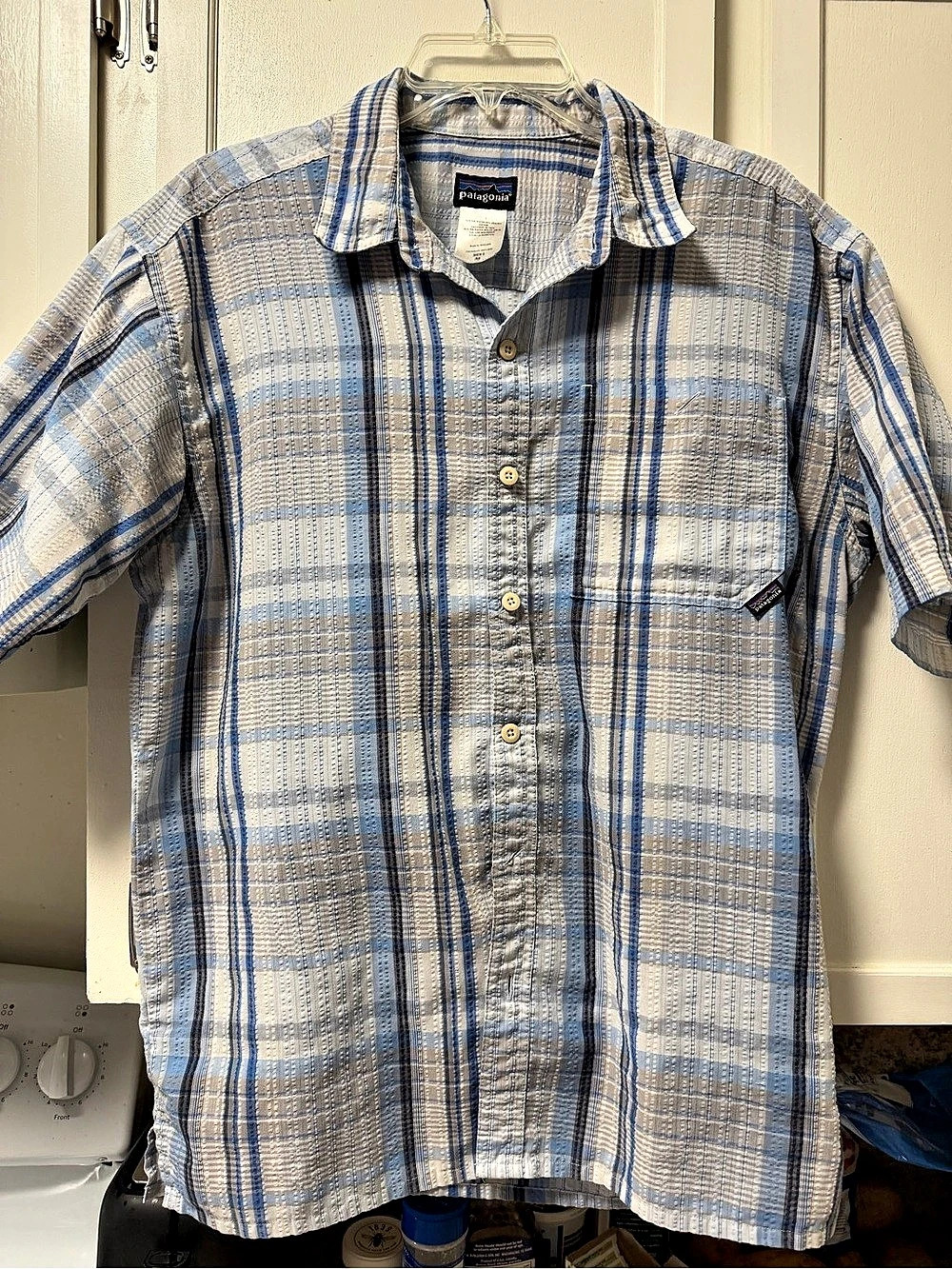 Patagonia Men's Puckerware Shirt Plaid Blue & White Medium